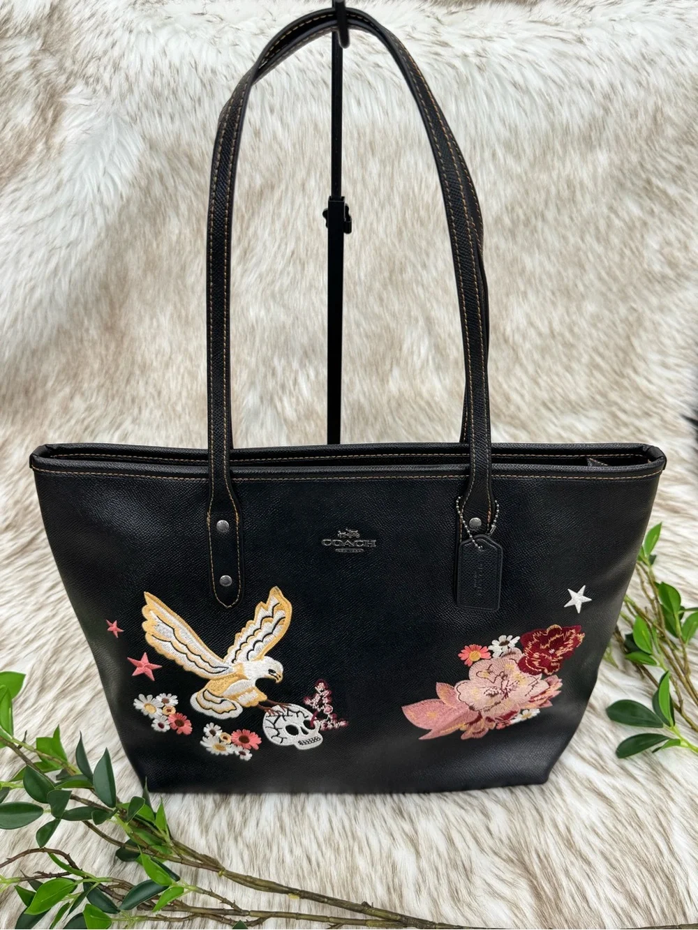 Coach Tattoo Embroidery City Black Leather Tote Bag